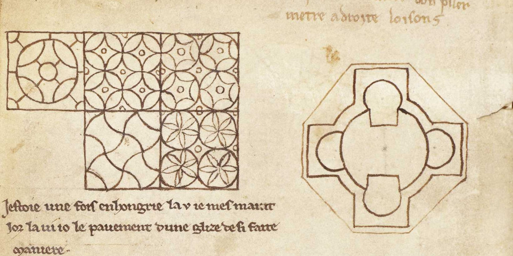 Carrelage à motifs hongrois (en haut), Rose en vitrail rappelant celle de Chartres (en bas)