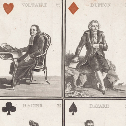 Planche de cartes à jouer aux figures de Voltaire, Buffon, Racine et Bayard.
