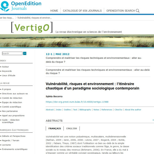 Sylvia Becerra, « Vulnérabilité, risques et environnement : l’itinéraire chaotique d’un paradigme sociologique contemporain », 2012