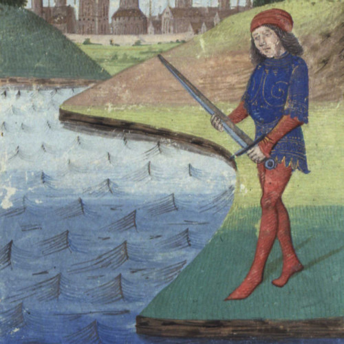Girflet jetant Excalibur dans le lac