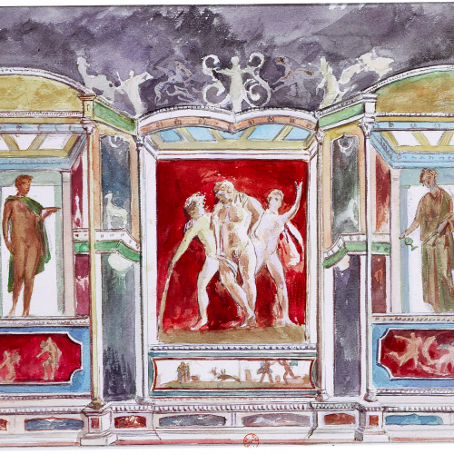 Quatrième style de peinture murale à Pompéi avec stucs et peintures (Musée de Naples)