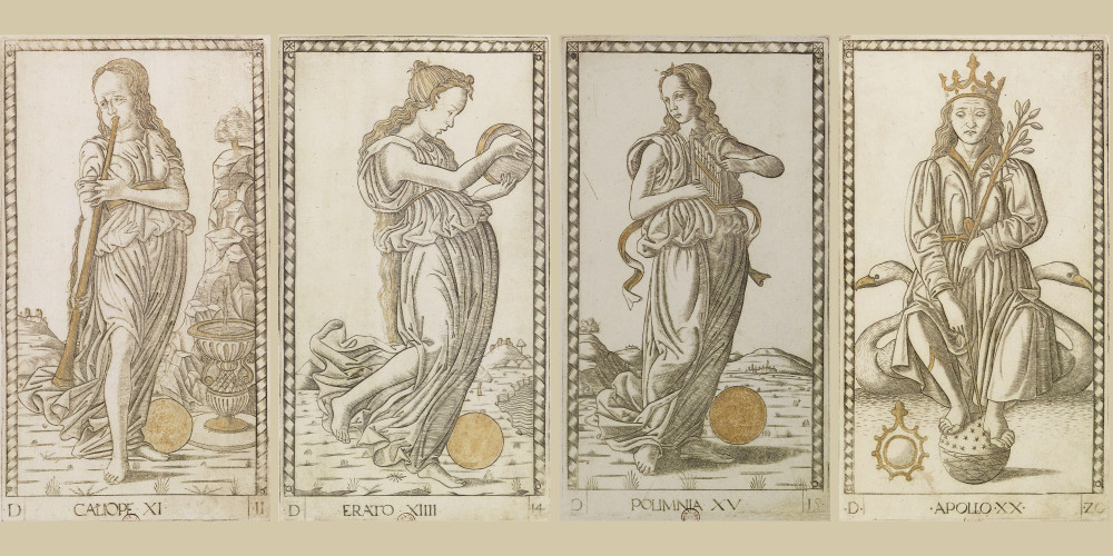 Tarots dits de Mantegna, série D (11 à 20) : Les Muses et Apollon