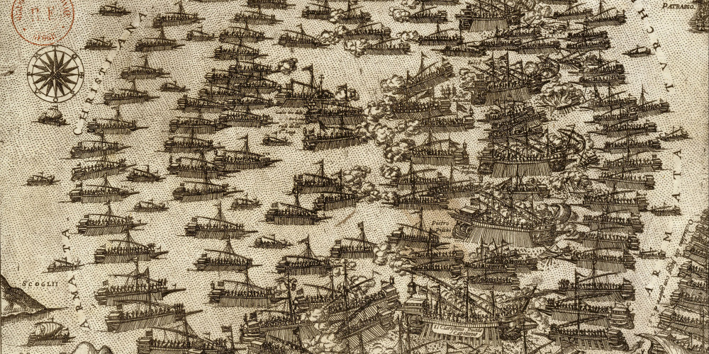 Plan du combat naval de Lépante en 1571 entre les Turcs et les chrétiens