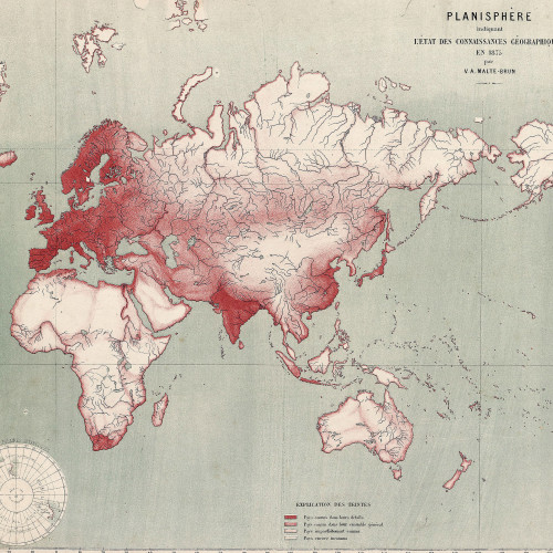 Planisphère indiquant l’état des connaissances géographiques en 1875