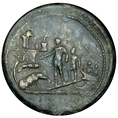 Médaillon d'Antonin le Pieux figurant la découverte de la laie miraculeuse par Énée