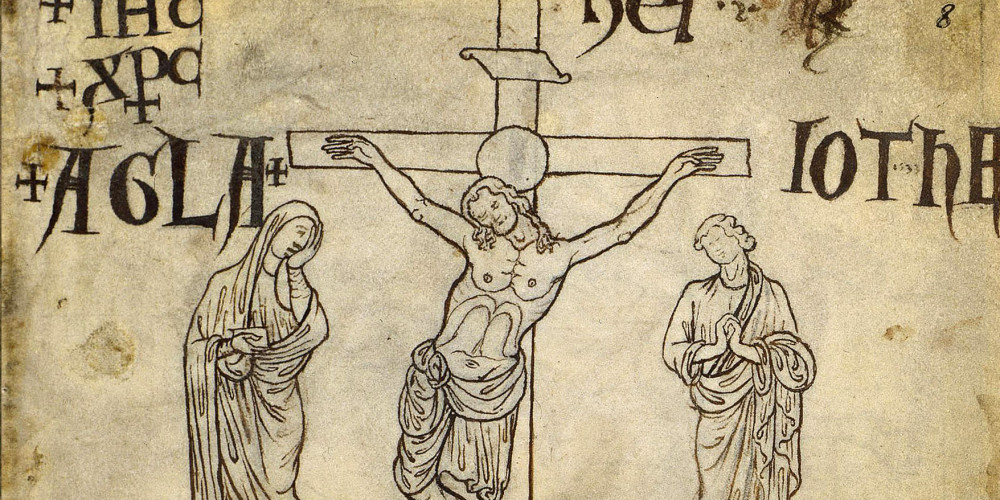 Calvaire avec Christ et deux personnages - Inscriptions - Croquis rajoutés
