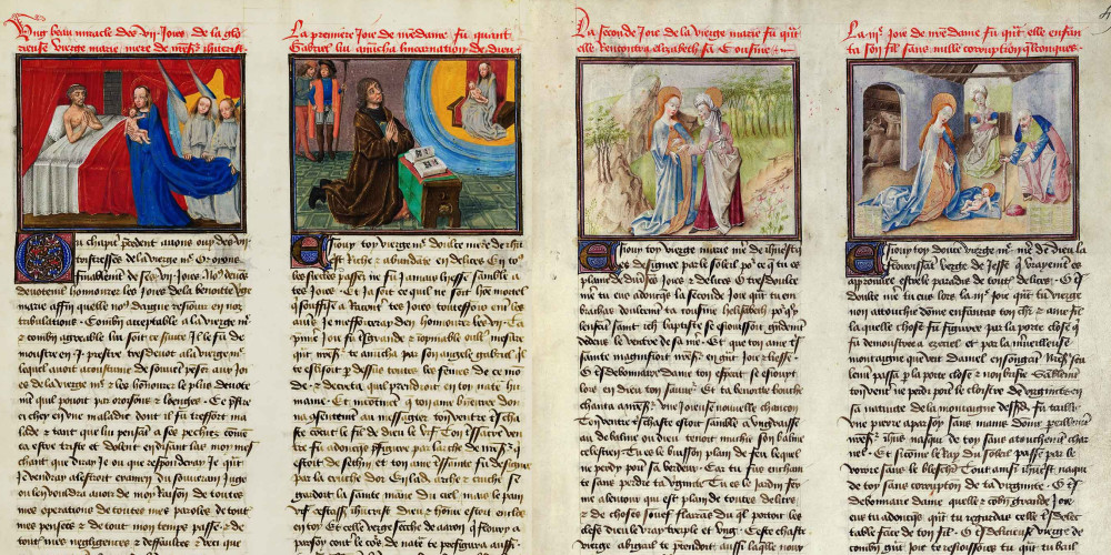 Double page partagée entre le Maître d’Édouard IV (fol. 48v.) et Jean Le Tavernier (fol. 49)