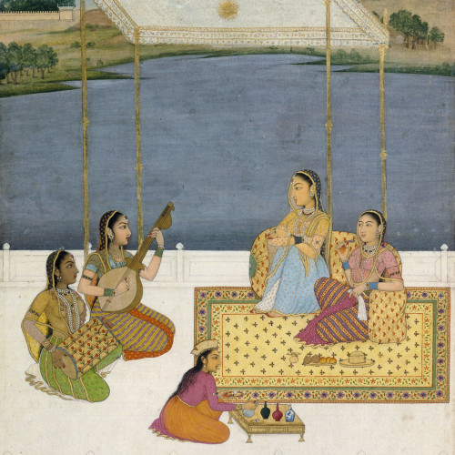 Dames écoutant de la musique au bord d’un lac