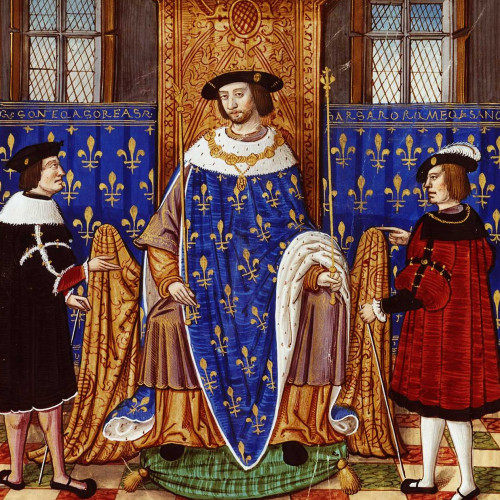 François Ier assis sur son trône, entre Érasme et le comte de Carpi