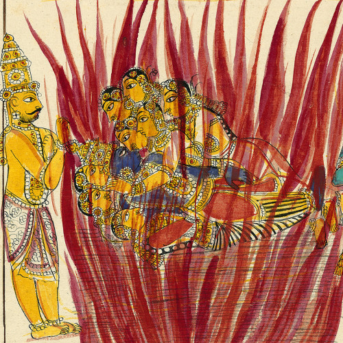 Jagannatha et Arjuna allument les feux où se consument les corps de Krishna et de Balarama avec leurs épouses résolues à subir le sacrifice de sati