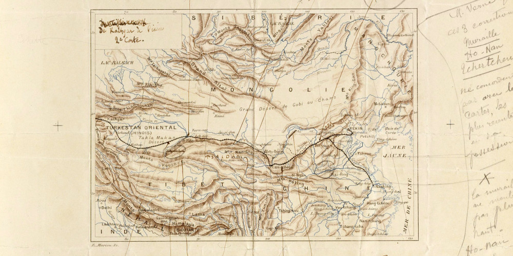 Carte d'Asie centrale avec annotations manuscrites de Jules Verne
