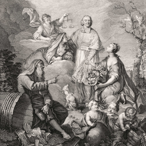 Le Cardinal André Hercule de Fleury (1653-1743), entouré des figures allégoriques de la Religion, de la Justice et de l’Abondance