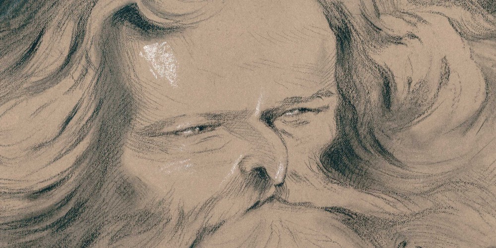 Arsène Houssaye assis à côté d’un buste portant la mention « Le roi Voltaire »