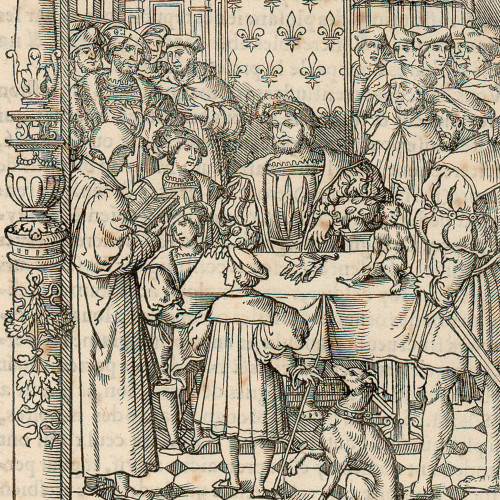 François Ier assis devant une table et entouré de seigneurs écoute Anthoine Macault lui lisant un chapitre de son ouvrage
