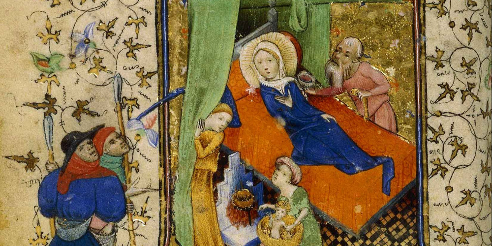 La Vierge alitée, les sages-femmes lavant l’enfant Jésus et arrivée des bergers dans la chambre de naissance