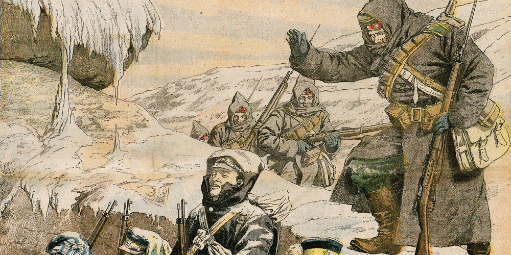 L’hiver en Mandchourie, une patrouille russse découvre des soldats japonais morts de froid