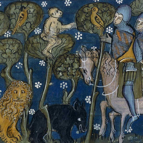 Lancelot et Mordred chevauchant dans la forêt