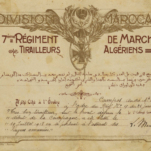 Citation à l’ordre du régiment et médailler d’André Campos