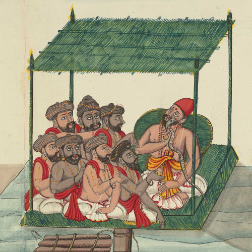 Parikshit retiré en compagnie des bhikshu, assis au bord du Gange sur des tiges de darbha (herbe sacrée), est mordu par le serpent Takshaka