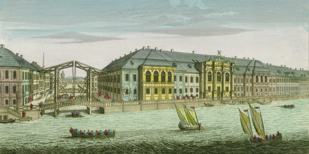 Saint-Pétersbourg : L’ancien Palais d’hiver et le canal qui joint la Moika avec la Neva