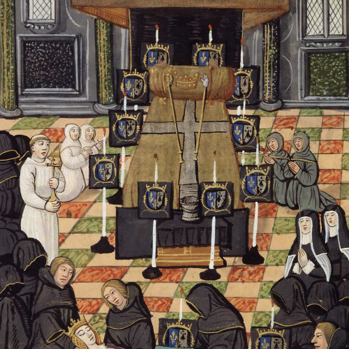 La mise en bière d’Anne de Bretagne dans la salle d’honneur, en présence de trois hérauts d’armes
