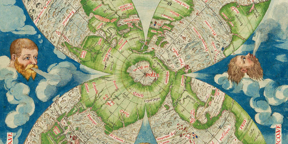 6e projection : carte du monde en 4 fuseaux, avec l’écu de France et un blason aux armes de l’amiral de Coligny
