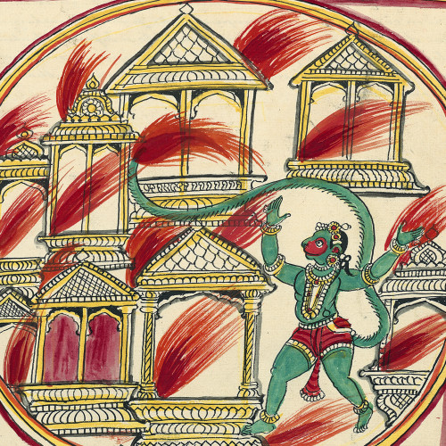 En punition de son insolence Hanuman a la queue brûlée ; il met le feu à Lanka et retourne voir les siens