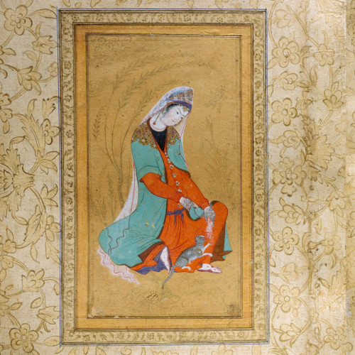 Femme jouant avec un chat ; Echanson assis par un artiste de l'école d'Ispahan