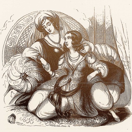Scheherazade et Dinarzade, les deux filles du vizir, Premier ministre de Schahriar, Sultan des Indes