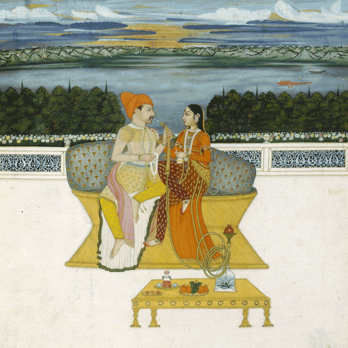 Shuja-Quli Khân sur une terrasse en compagnie d’une dame