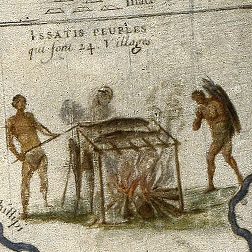 Sauvages faisant suer ou boucaner du poisson pour le garder