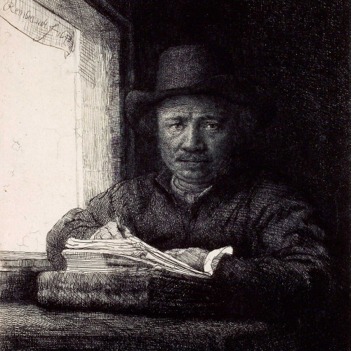 Rembrandt gravant ou dessinant près d'une fenêtre
