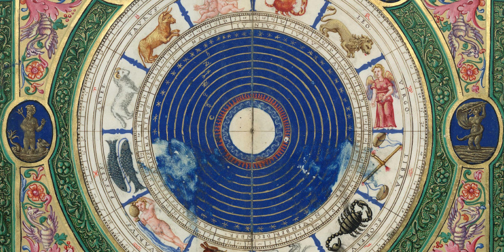 Représentation cosmographique géocentrée, entourée des signes du zodiaque