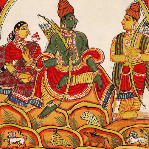 Rama, Sita et Lakshmana dans leur ermitage sur la montagne Chitrakuta