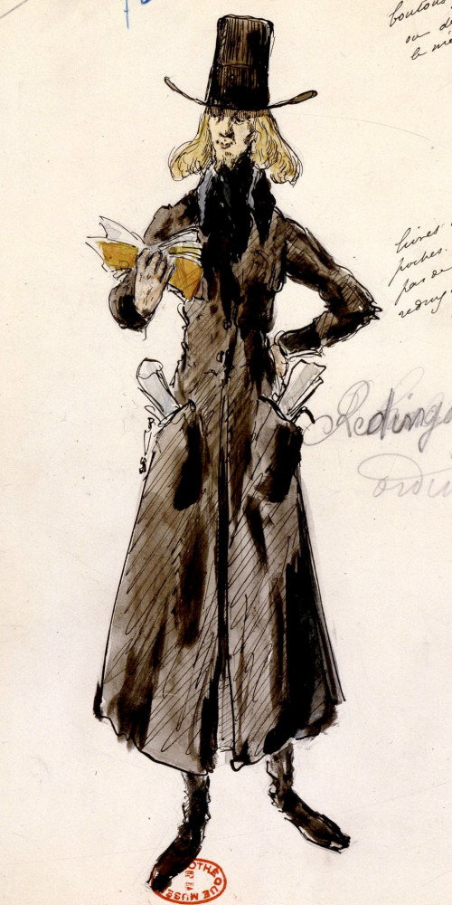 Dessin de costume pour La Bohème : costume de Colline, acte II