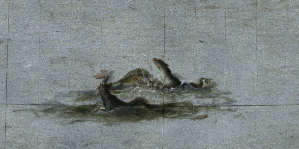 Deux chevaux marins et un dauphin