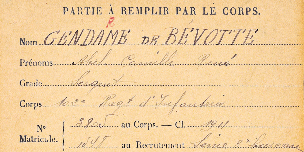 Fiche individuelle « Mort pour la France » d’Abel-Camille René Gendarme de Bévotte