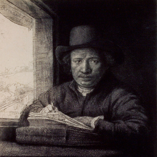 Rembrandt gravant ou dessinant près d'une fenêtre
5e état
