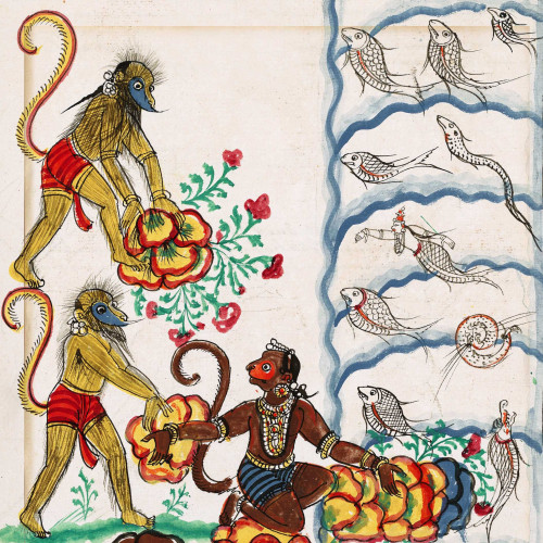 Sur ordre de Rama, et sous la direction de Nala, l’armée des singes construit une digue qui doit franchir la mer jusqu’à Lanka