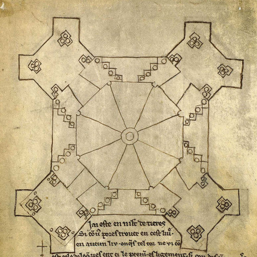 Église de Laon : plan de la tour - Détail d’un clocheton - Figure barbue