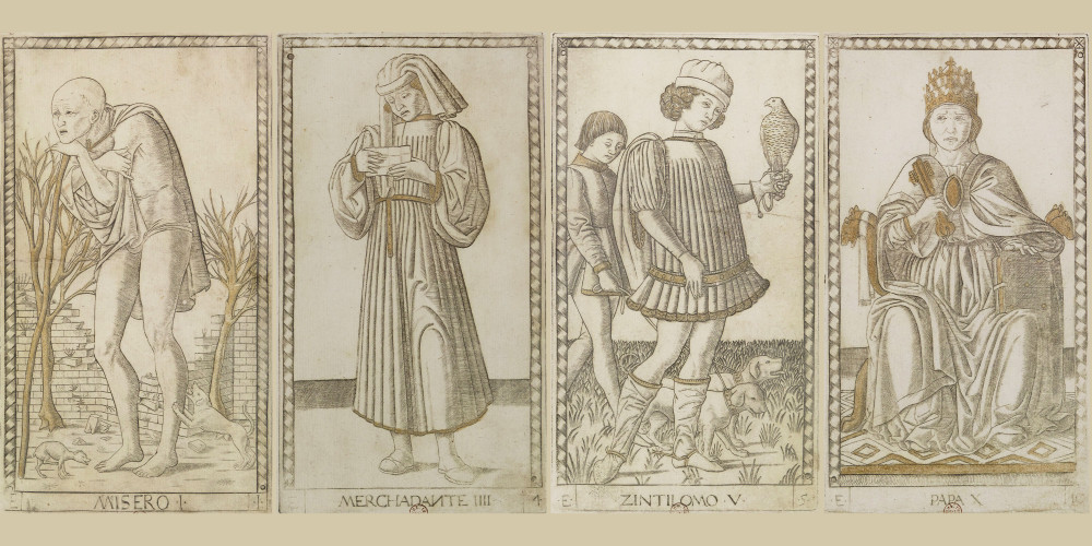 Tarots dits de Mantegna, série E (1 à 10) : La Hiérarchie de la société et la Condition humaine 