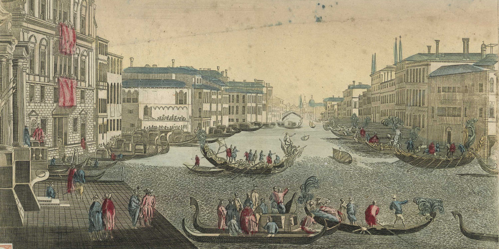 Venise : Le Grand Canal, le Palais Balbori et le Pont Realto pendant la fête des gondoles