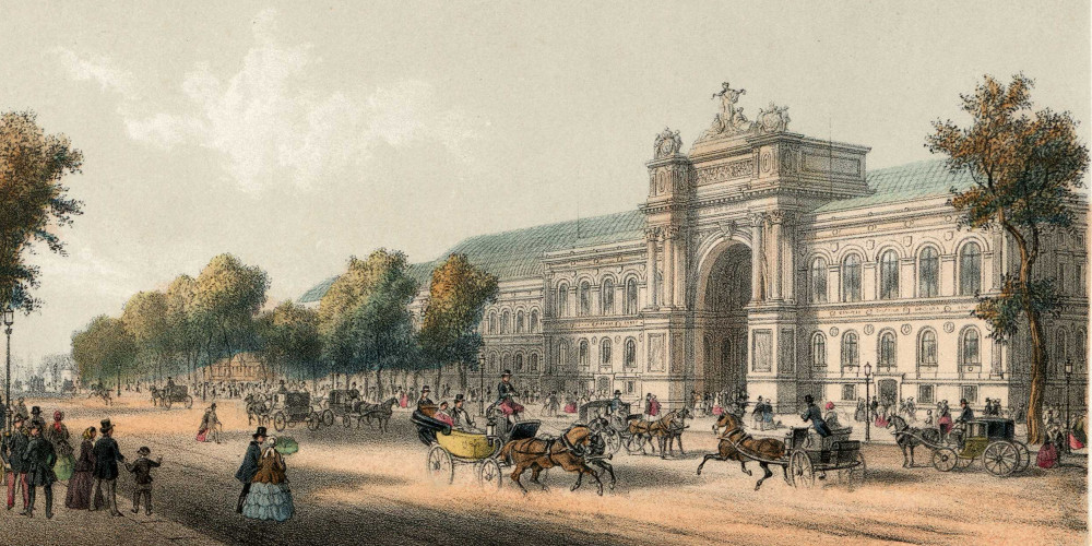 Av. des Champs-Élysées et entrée du Palais de l’Industrie. Exposition universelle de 1855
