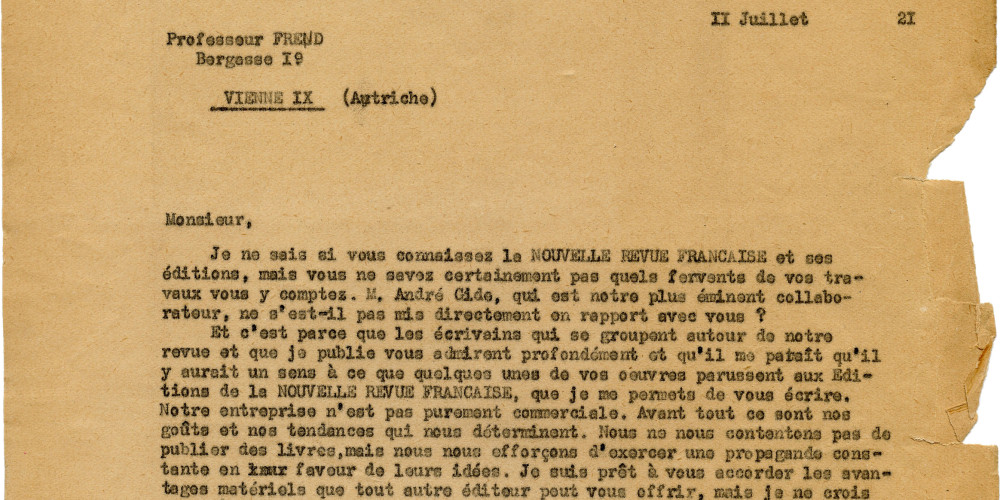 Lettre de Gaston Gallimard à Sigmund Freud