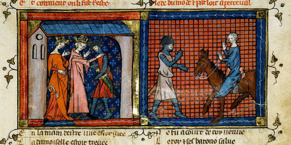 Arthur et Guenièvre fêtant le retour de Perceval et Perceval et la demoiselle hideuse