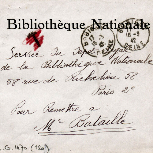 Enveloppe adressée à Georges Bataille, au service des périodiques de la Bibliothèque nationale