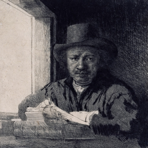 Rembrandt gravant ou dessinant près d'une fenêtre
1er état