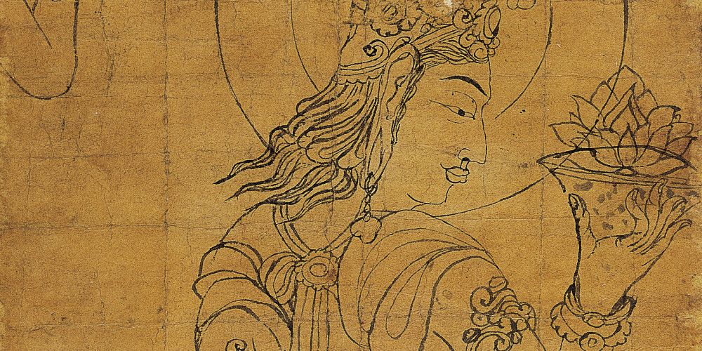 Croquis d’un bodhisattva de profil présentant un bol de lotus