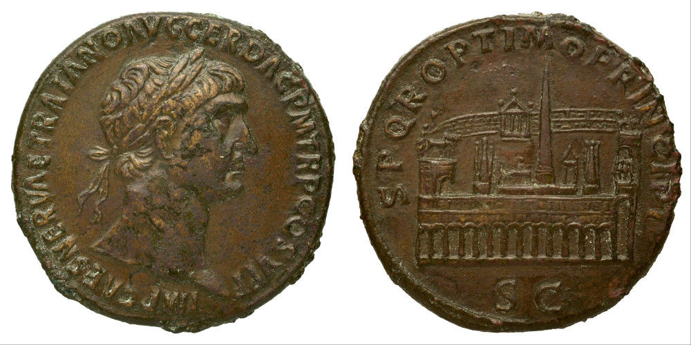 Sesterce de Trajan représentant le Circus Maximus