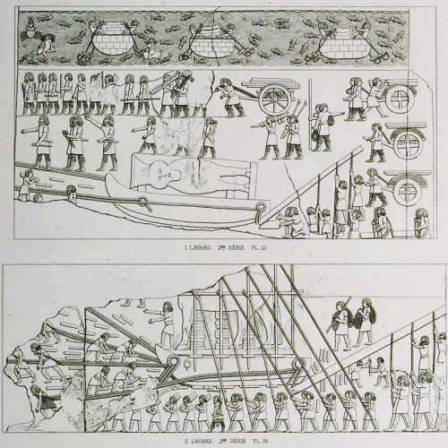 Transport de matériaux : motifs extraits de bas-reliefs du palais de Ninive, Assyrie